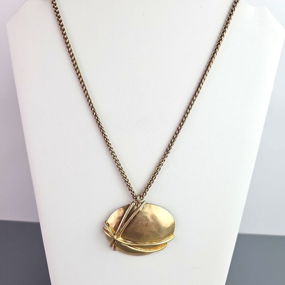 Chicos Gold Tone Necklace Wire Wrapped Oval Shape Pendant 16 in Braided Chain